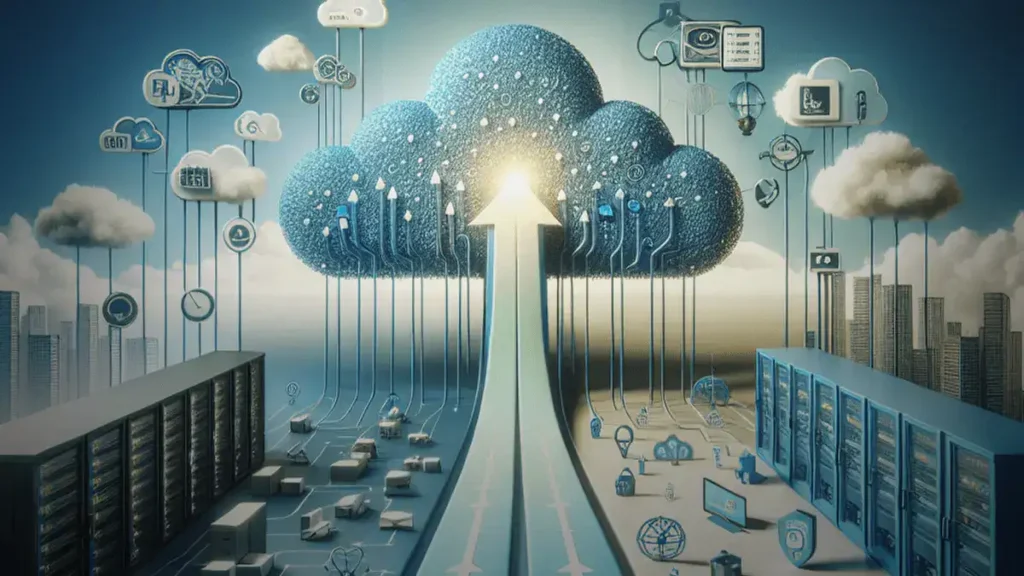 A cloud computing guide diagram with an upward arrow, representing cloud migration